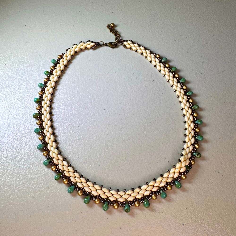 Beadwoven Statement Necklace Cream Beads Turquoise Color Drops Bronze Tone